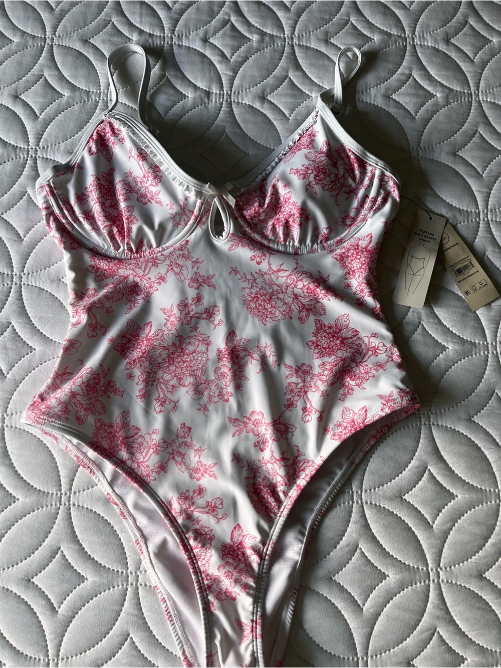 No Boundaries White One-Piece Swimsuit with Pink Floral Print